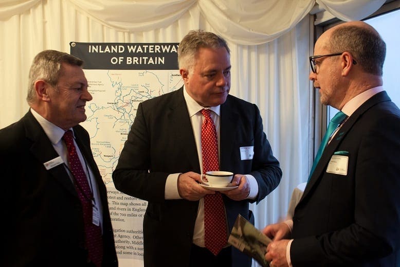 Mike Haig, Simon Baynes and Paul Rodgers chatting at Inland Waterways AssocationParliamentary reception