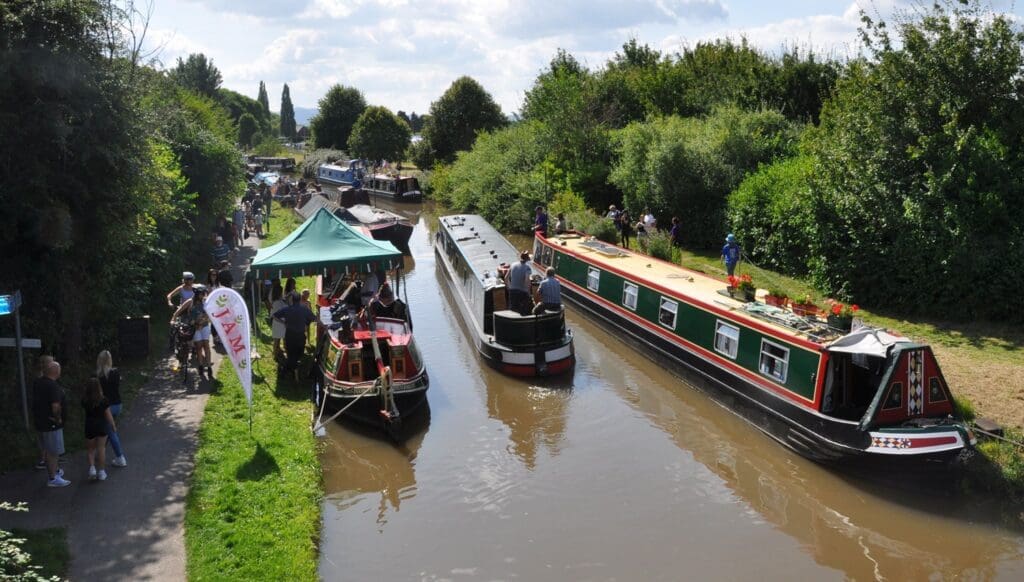 Narrowboats moored along the Worcester & Birmingham Canal for the Festival of Water