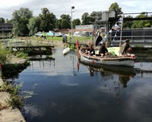 The first boat through Castle Mills Lock