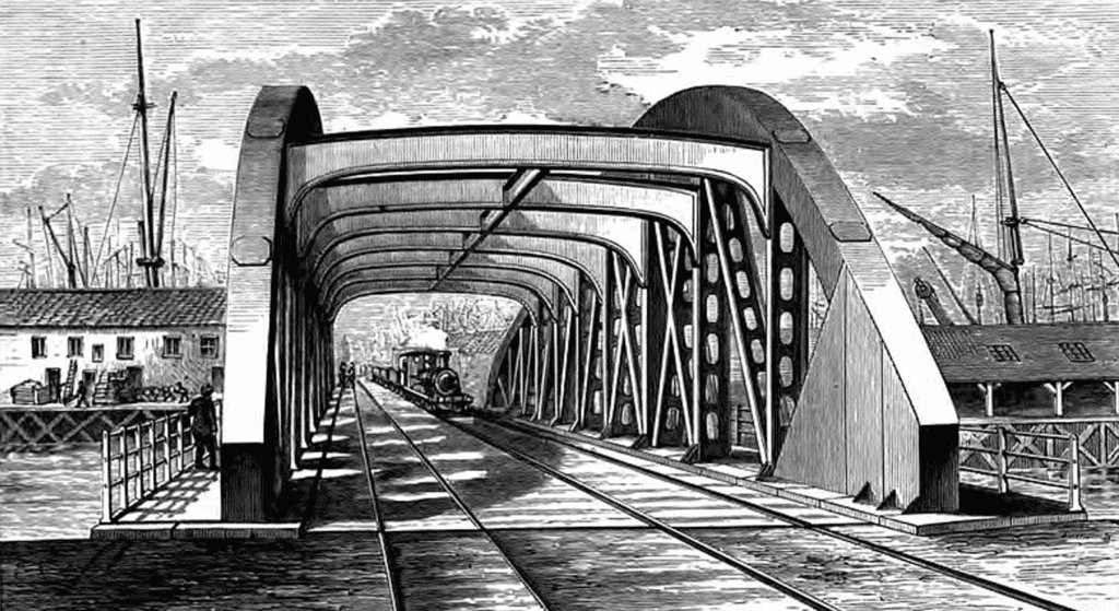 A train runs over the bridge in 1879. From an engraving in a publication of works by the Skerne Irownworks.