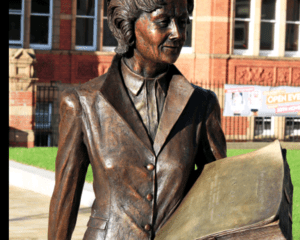 The statue of Barbara Castle in Jubilee Square in Blackburn.