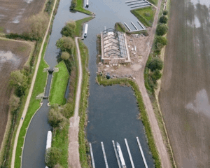 An aerial view of the new Fradley Marina with its unusual design.