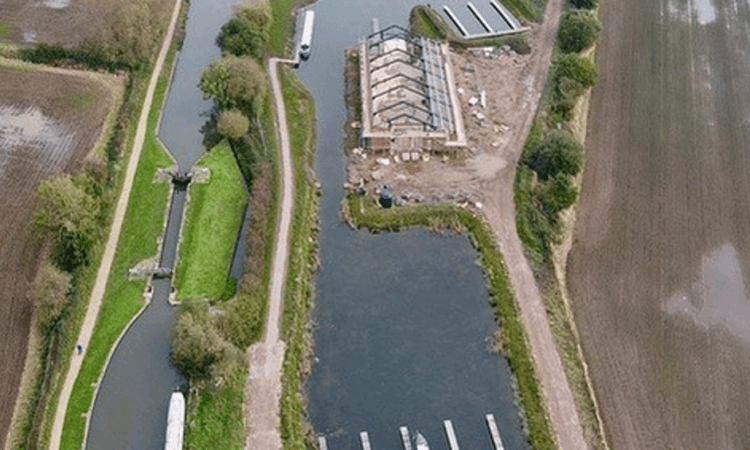 An aerial view of the new Fradley Marina with its unusual design.