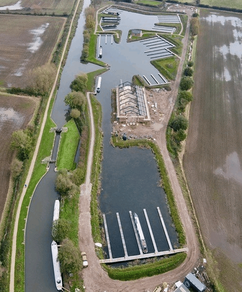 An aerial view of the new Fradley Marina with its unusual design.