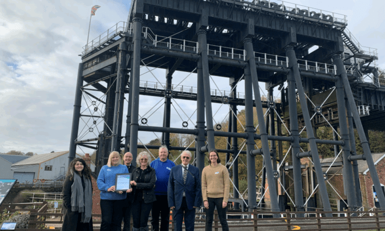 Active Waterways Cheshire volunteers were presented with national Marsh Trust volunteer awards at a special ceremony at Anderton Boat Lift. Pictured here are: Project lead Poppy Learman, Rosemary Smith, David Hall, Lynn Johnson, Malcolm Craig, Jim Robertson and project coordinator Madeline Fowler.