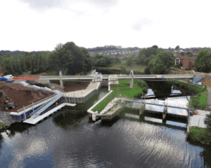 An aerial view of the Lagan Gateway Project with the new lock.