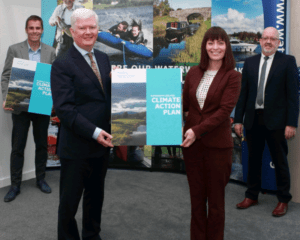 Waterways Ireland CEO John McDonagh presents the Climate Action Plan to Minister Nichola Mallon watched by environment officer Cormac McCarthy, left and director of technical services Joe McMahon, right