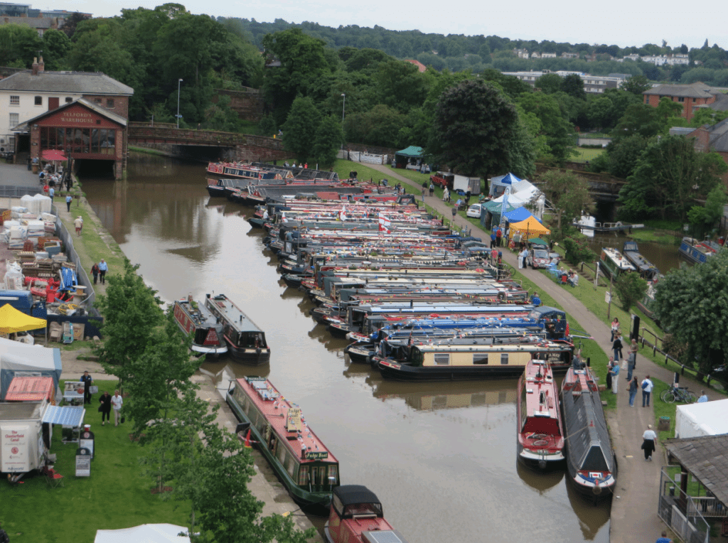 Boats gathered at Tower Wharf, Chester, for an IWA event in 2014.