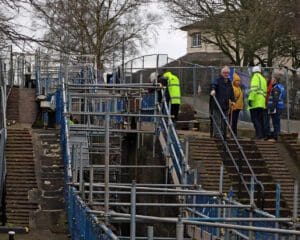 Scaffolding erected in the three-lock staircase to allow public access to inspect the drained locks.