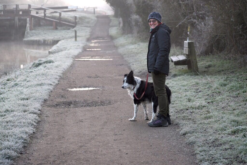 Nicky and Blaze linger during a morning walk along the towpath.