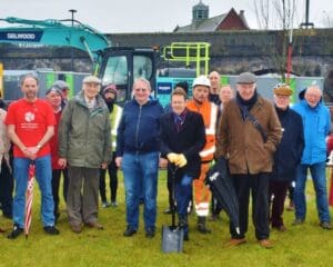 West Midlands Mayor Andy Street, centre, prepares to break the ground as work starts on the restoration of the Dudley No 2 Canal in Selly Oak.