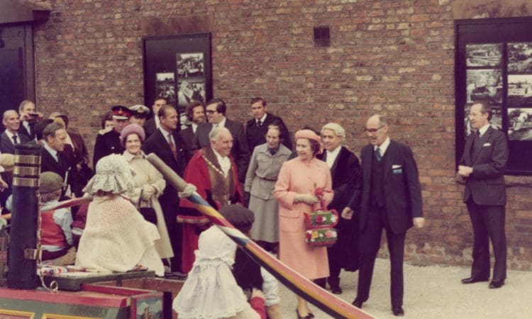 HRH Queen Elizabeth II being shown narrow boats at the Boat Museum Ellesmere Port by Dr David Owen 2 November 1979 low res