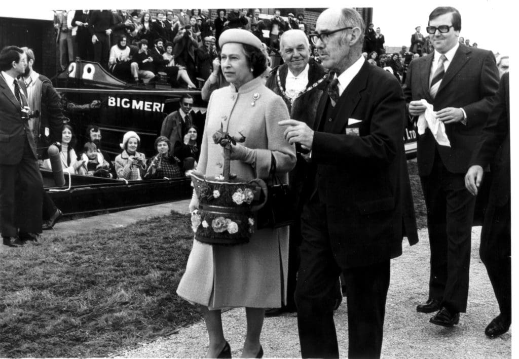 HRH Queen Elizabeth II being shown round the Boat Museum Ellesmere Port by Dr David Owen 2 November 1979