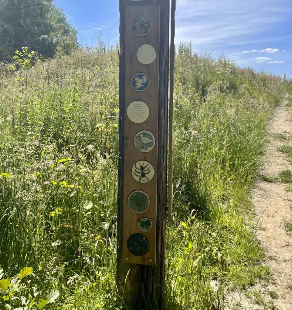 A totem pole covered with species plaques and quotes at Aston Lock