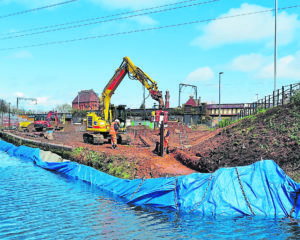 Contractors from Land & Water working on the new winding hole at Whitehouse Wharf. This photo was taken in April. PHOTO: LAPAL CANAL TRUST