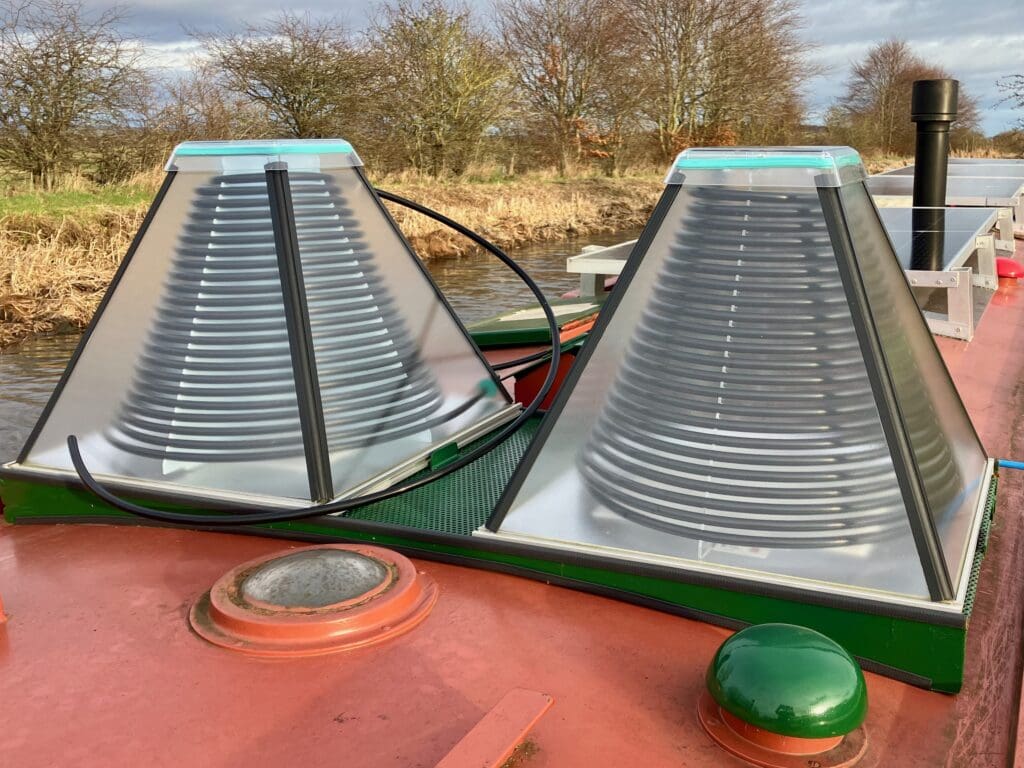 Two HelioPro prismatic solar collectors mount neatly side by side on a narrowboat roof. ALL PHOTOS: JONATHAN MOSSE
